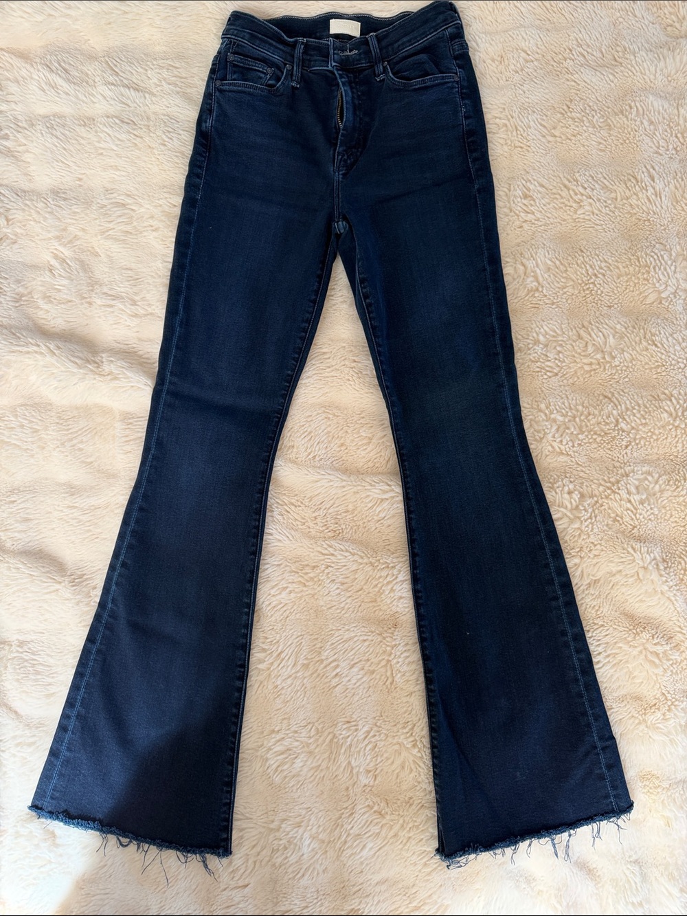 MOTHER Dark Indigo Flare Jeans. Weekender Fray . Inseam 30 inches